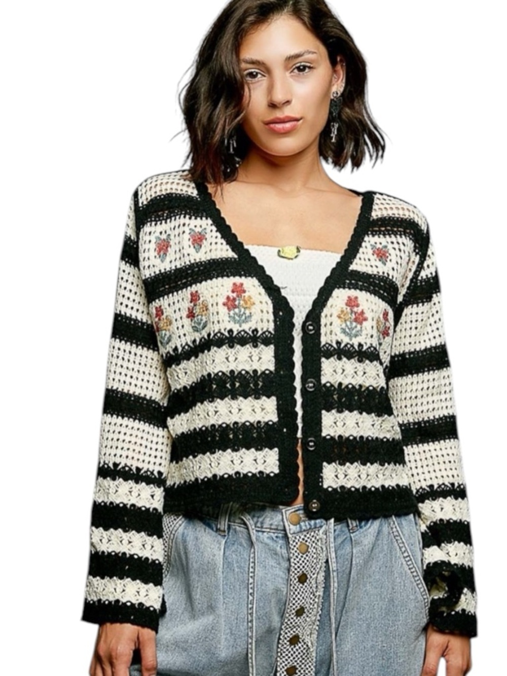 POL Black & Cream Cropped Striped Crochet Cardigan with Floral Motif